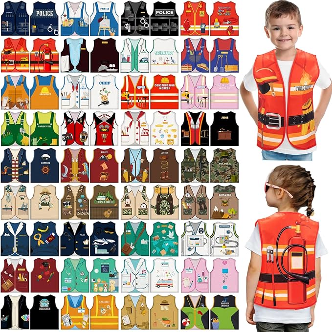 Cozypower 36 Pcs Kids Community Helper Dress Up Vest Career Costumes Toddler Girls Boys Career Day Costumes Cosplay for Pretend Play Doctor Police Fireman Car Racer Cowboy Farmers Worker