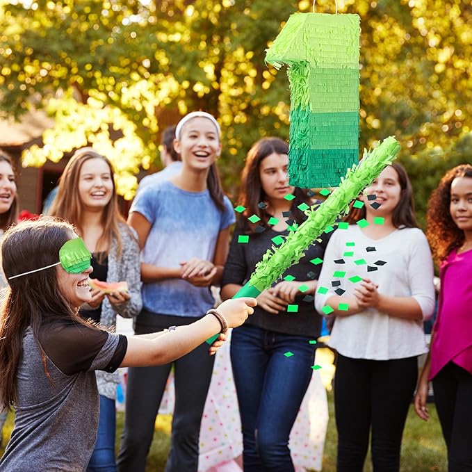Number Piñata Decorations 16 Inch Gradient Green Piñata with Blindfold Stick and Confetti for Birthday Baby Shower Safari Jungle Themed Party Supplies Centerpiece(Number 1)