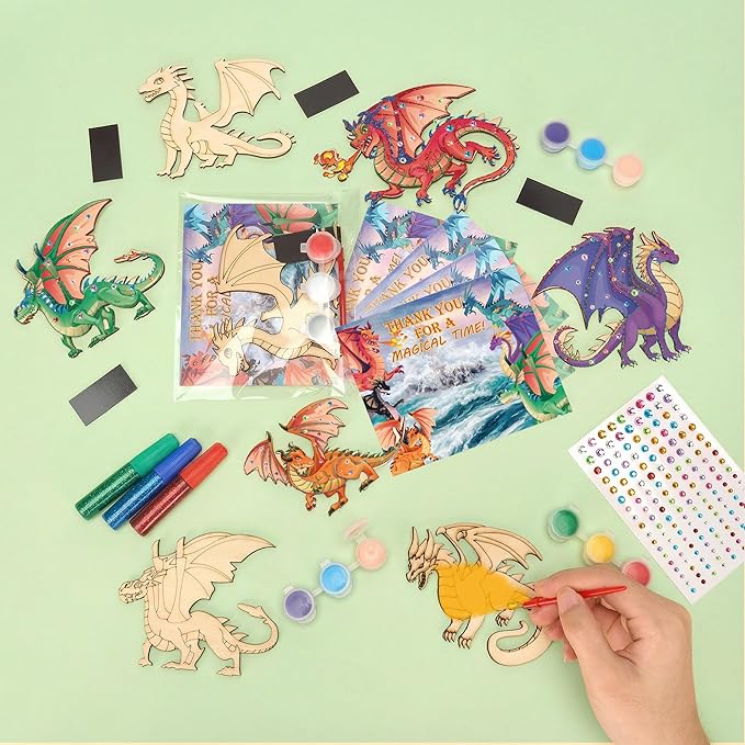 Bafeil 24 Sets Dragon Party Favors, DIY Wooden Painting Crafts Kit, Dragon Birthday Party Supplies, Fantasy Creature Party Decorations Goodie Bags Gifts Stuffers Prizes