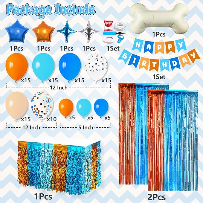 Blue Dog Birthday Party Decorations Supplies, Blue Tinsel Foil Fringe Curtain Backdrop Table Skirt Decor Balloon Garland Arch Happy Birthday Banner Kit for Boy Girls -110 Pcs
