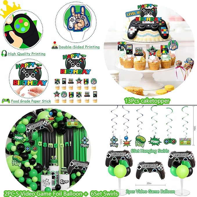 77Pcs Video Game Birthday Party Decorations Kit – Gamer Party Supplies with Happy Birthday Backdrop, Hanging Swirls, Foil Balloons, Colorful Balloons, Table Cover & Cake Topper for Game Theme Party