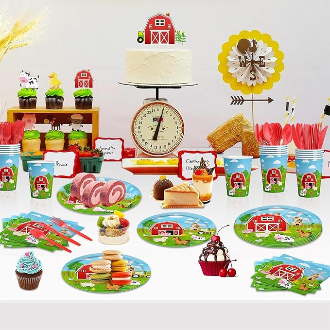 150 Pcs Farm Animal Birthday Party Decorations Farm Plates Tableware Barnyard Farm Birthday Party Supplies Serves 25 Farm Themed Cups, Farm Animal Napkins Red Knife/Fork/Spoon