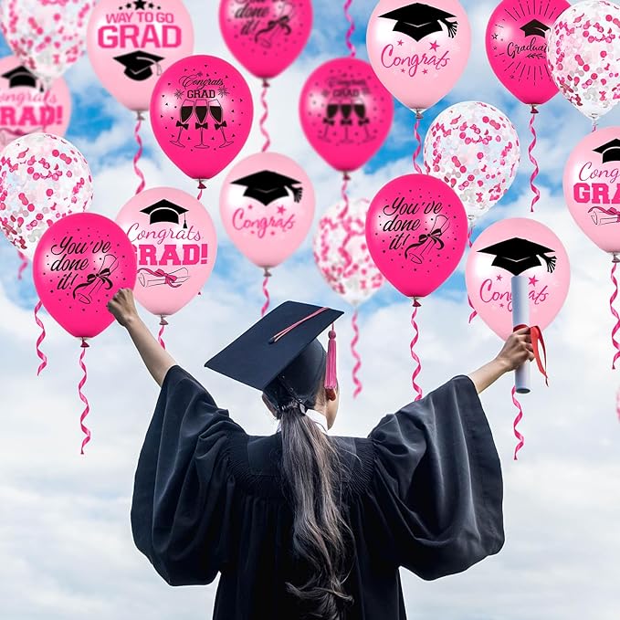Whaline 60Pcs Graduation Party Balloon Set 7 Designs Confetti Latex Balloon with 2 Rolls Ribbon Congrats Grad Cap Balloons for Party Decor Supplies (Pink, Hot Pink)