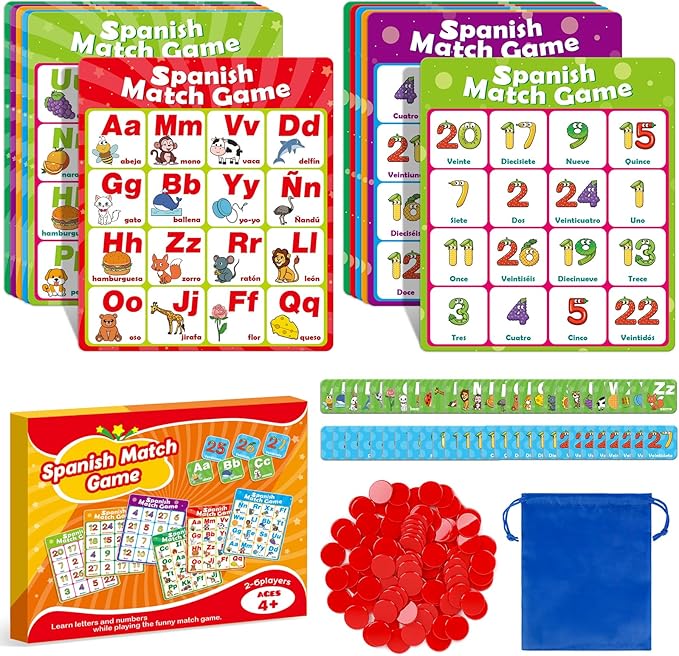 Spanish Alphabet Bingo Games,Letter/Number/Sight Word for Kindergarten,ABC and 123 Bingo Board Match Games for Kids 4-6,Learn Spanish Flash Cards,Toddler Educational Toys