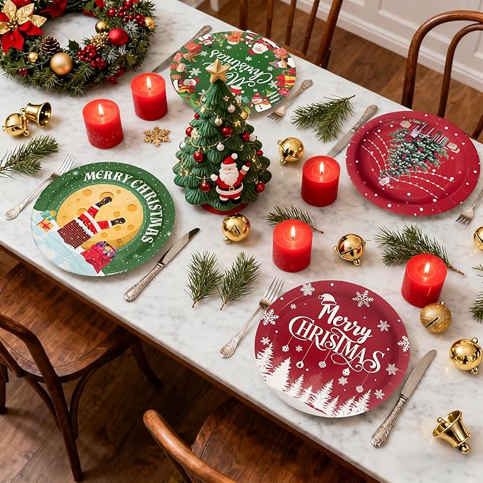 48Pcs Christmas Paper Plates, 7" Christmas Plates Disposable Party Plates Tableware Set for Xmas Holiday Party Supplies