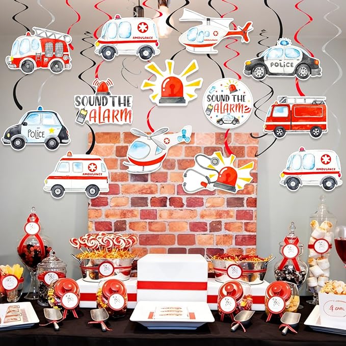 Emergency Vehicle Party Decorations 20PCS Rescue Vehicles Hanging Swirls Ambulance Firetruck Police Ceiling Streamers First Responders Birthday Baby Shower Wedding Party Supplies