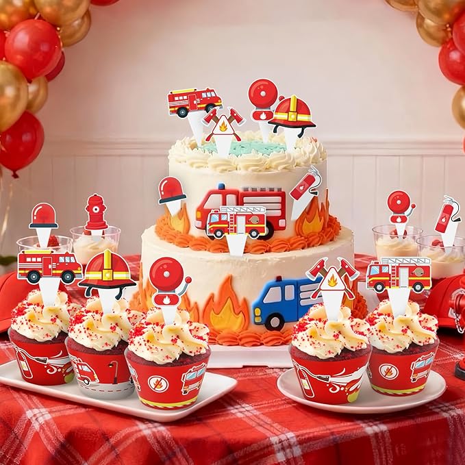 48 Pack Fire Truck Cupcake Toppers and Wrappers, Firefighter Fireman Party Cake Decoration for Firefighting Theme Birthday Party Baby Shower Supplies