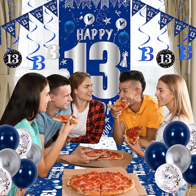13th Birthday Decorations for Boys Girls, Blue Silver 13th Birthday Decorations Backdrop with Happy 13th Birthday Banner, Number 13 Hanging Swirls, Triangle Flag, 13 Years Old Birthday Party Supplies