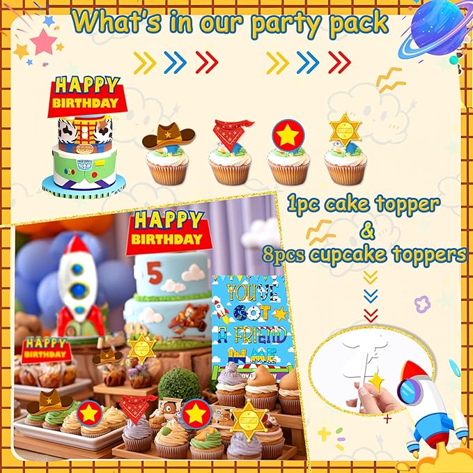 125pcs Toy Theme Birthday Decorations, Balloons Backdrop Banner Tablecloth Cake Topper for Cartoon Story Birthday Party Decorations