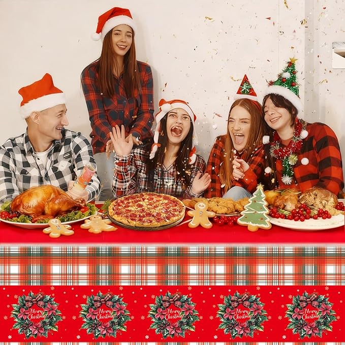 Plastic Christmas Tablecloth 54x108 Inch 3-Piece Set,Disposable Festive Red Poinsettia Pattern Holiday Dining Table Cloth for Christmas Party & Baby Shower Decorations