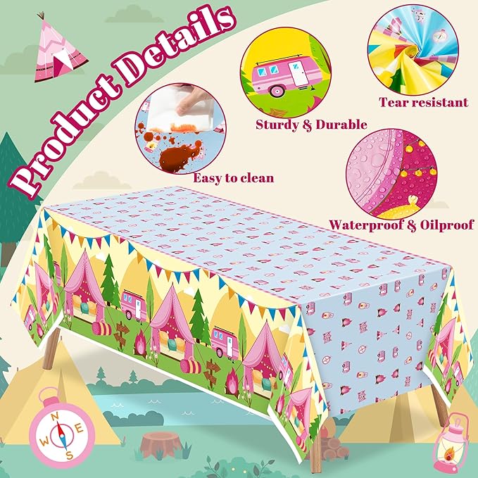 Table Cover Party Decor - 3 Pack Pink Camping Themed Disposable Plastic Rectangle Table Cloths Birthday School Christmas Holiday Party Favors Classroom Decoration Supplies Games Activities