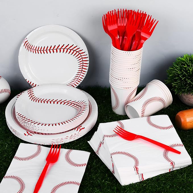 durony 144 Pieces Baseball Paper Plates and Napkins Dinnerware Set Baseball Birthday Party Tableware Supplies Includes Paper Plates Napkins Forks Serve 24 for Sports Baseballs Party Supplies