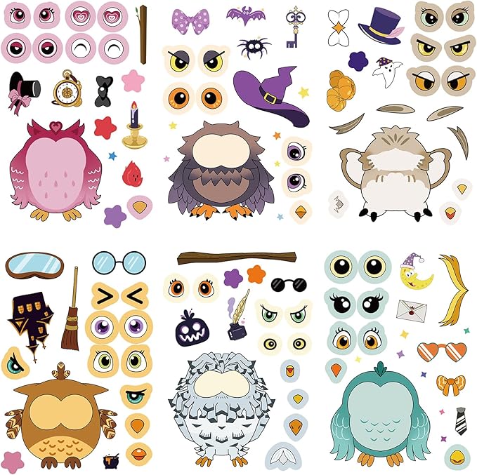 24 Sheet Owl Stickers Make Your Own Owl Stickers, Cute Cartoon Make-a-face Sticker Girls Boys Owls Mix and Match Sticker Sheets