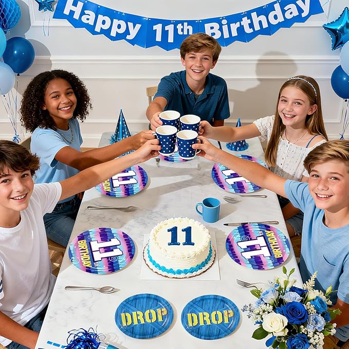 96Pcs 11th Video Game Birthday Party Supplies Happy 11th Game Theme Plates and Napkins Disposable Blue Drop Tableware Set for 11 Year Old Kids Boys Birthday Decorations Serves 24