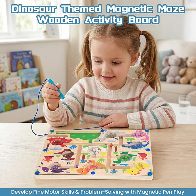 Magnetic Color & Number Maze, Montessori Wooden Color Matching Learning Counting Puzzle Board, Toddler Fine Motor Skills Toys for Boys Girls 3 4 5 Years Old - Dinosaur