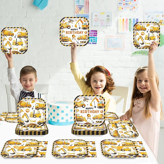gisgfim Construction Birthday Party Supplies Construction Theme Decorations Square Truck Constructions Disposable Plates Napkins Tableware Set for Boys Kids Birthday Party Favors Serves 24 Guests