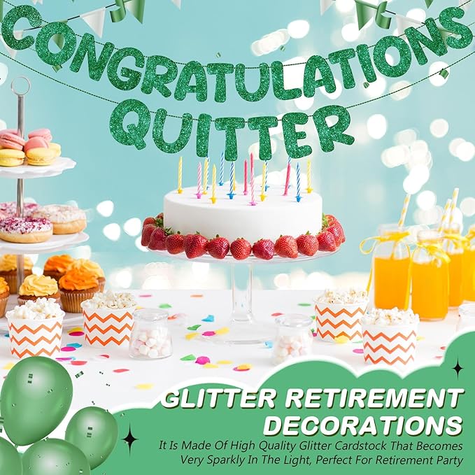 Fulmoon Pre Strung Congratulations Quitter Glitter Banner Funny Retirement Banner Graduation Party Decorations Going Away Supplies Garland for Men Women Gifts, No DIY(Green)