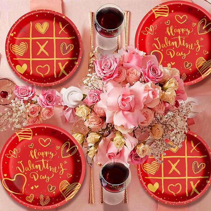Valentine's Day Party Supplies Tableware Set Red Heart Love Paper Plates Napkins Cups Tablecloth Banner for Valentine's Day Party Decorations, Serves 24