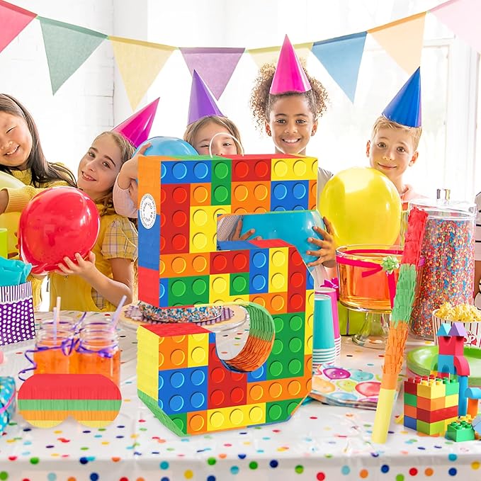 Building Blocks 5th Birthday Party Decorations Number 5 Pinata with Pinata Stick & Blindfold for Kids Girls Boys Happy Birthday Building Block Theme Party Supplies Carnival Games