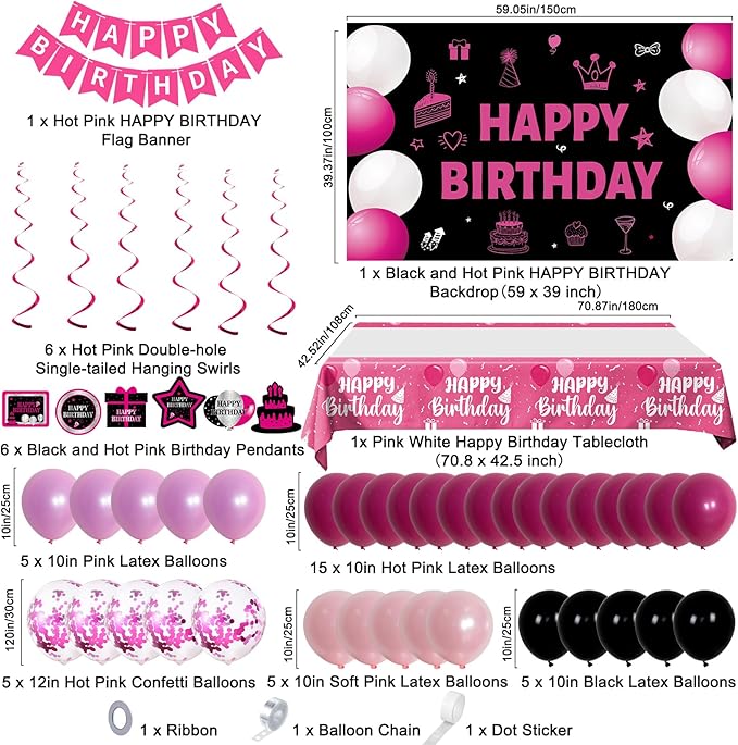 Pink and Black Birthday Decorations for Women Girls, 48Pcs Pink Party Decorations with Happy Birthday Banner Backdrop Tablecloth, Hot Pink Birthday Party Supplies with Balloons Pendants