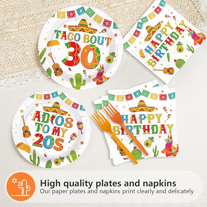 96Pcs Taco 30th Birthday Party Supplies Mexican Fiesta Adios To My 20s Plates and Napkins Disposable Mexican Tableware Sets for Adults Cinco De Mayo 30 Years Old Birthday Decorations,Serves 24