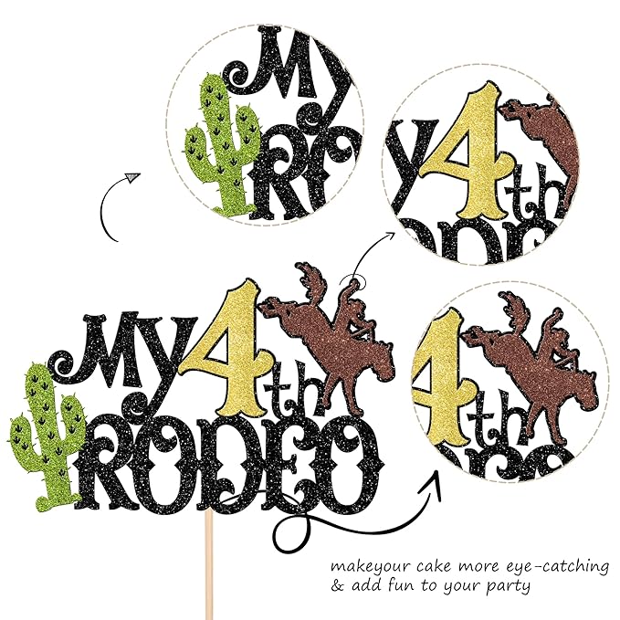 1 PCS My 4th Rodeo Cake Topper Brown Glitter Cactus Four Birthday Cake Pick Decoration for Western Little Cowboy Theme Baby Shower Kids 4th Birthday Party Cake Decorations Supplies