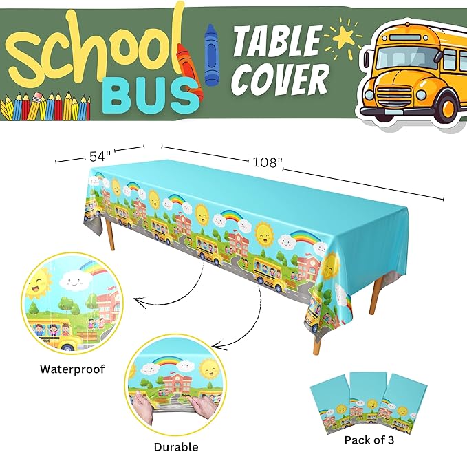 Blue Orchards School Bus Tablecovers (Pack of 3) - Party Supplies, Back to School Decorations, Wheels Tablecloth, Kindergarten Graduation Decorations, School Bus Theme Party