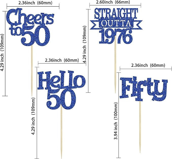 Ephlyn 24Pcs Happy 50th Birthday Cupcake Toppers Glitter Straight Outta 1976 Cupcake Picks Hello 50 Cheers to 50 Years Birthday Cake Decorations for 50th Birthday Anniversary Party Supplies Blue