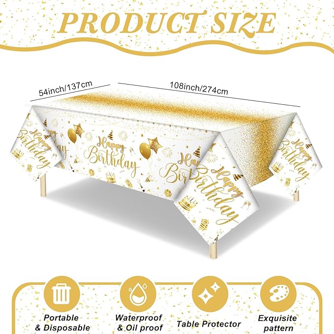 Tudomro 3 Pcs Happy Birthday Tablecloths Happy Birthday Party Decorations Plastic Table Cover Rectangular Cloths for Women Men Baby Shower Party Supplies, 108 x 54 Inch (White Gold)