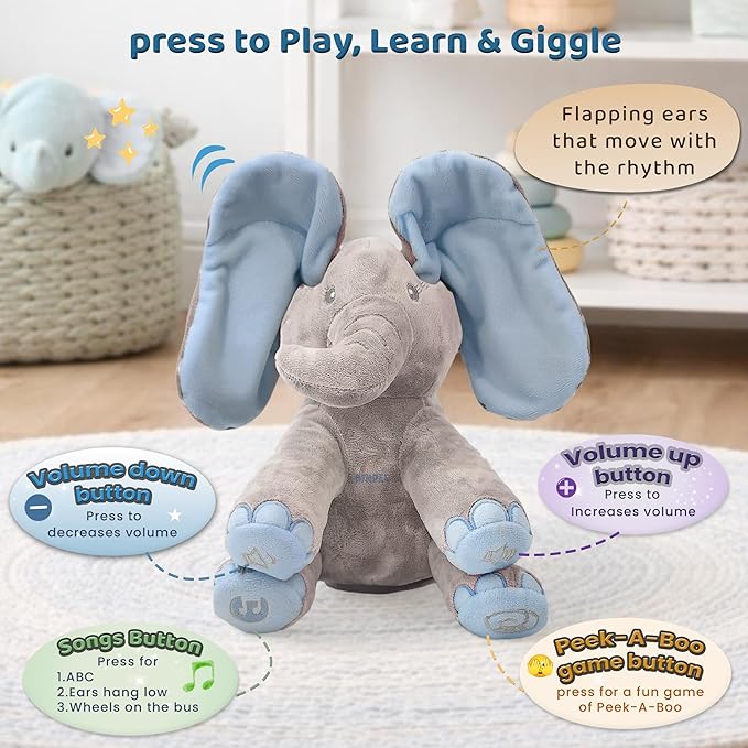 Dimple Kyle Elephant Stuffed Animal Toy - Animated Plush Blue Singing Elephant, Interactive Musical Peek-a-Boo for Babies, Kids, for Toddlers, Ages 0 and Up(Battery Included)
