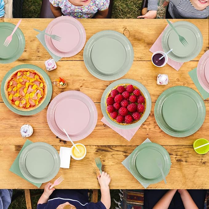 96Pcs Pink and Sage Green Birthday Party Decorations Pink Sage Green Dessert Plates and Napkins Sets Boho Bridal Shower Decorations for Girls Baby Shower Wedding Birthday Party Supplies Serves 24