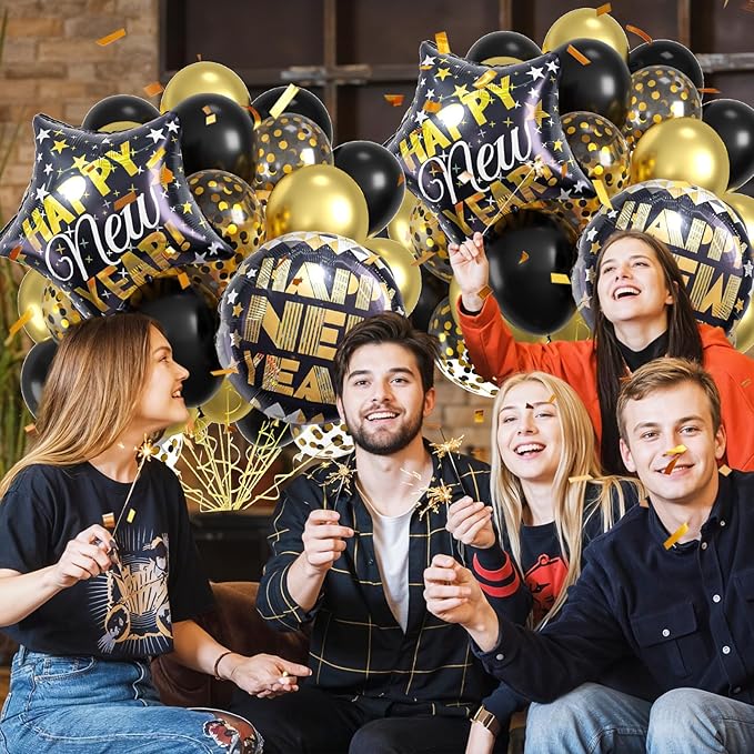 New Year Balloons Back Gold, Happy New Year 2026 Decorations Set, 50 Pcs 12Inch Eve Party Balloon Foil Balloons For 2026 Years Eve Party Supplies Decorations