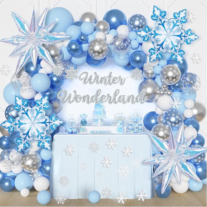 Amandir 162PCS Blue Snowflake Balloons Arch Garland Kit, Winter Wonderland Banner White Silver Latex Snow Confetti Balloons Princess Winter Wonderland Christmas Baby Shower Birthday Party Decorations
