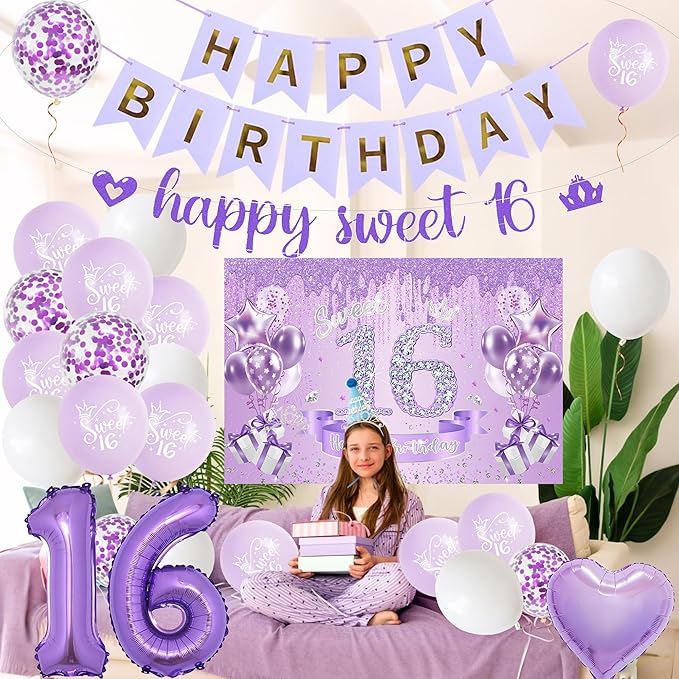 Sweet 16 Birthday Party Decorations for Girls - Purple 16th Happy Birthday Banner Heart Balloons Number 16, Photo Backdrop Crown Sash Party Supplies for Sixteen Years Old
