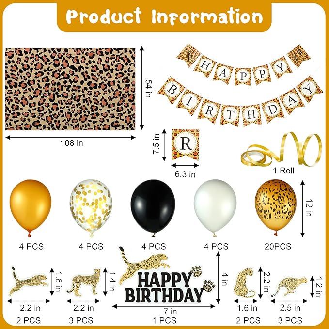 Civaner 51 Pieces Gold Cheetah Birthday Decorations Including Cheetah Birthday Banner Theme Balloons Leopard Cake Topper Safari Animal Print Tablecloth and Ribbon for Baby Shower Party Supplies