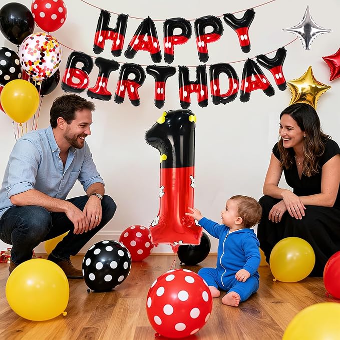 YIIHMEI 1st Mouse Balloons Birthday Decorations Baby Shower Party Supplies Boy Red And Black Foil Balloon Banner 40inch Number