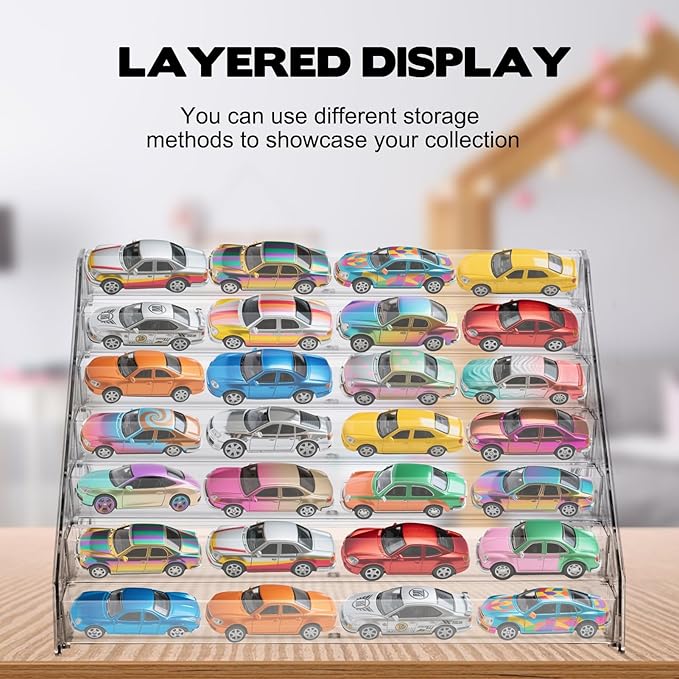3 Pack 7-Tier Toy Cars Display Shelf for Hot Wheels Display Case Storage Organizer for 1/64 Scale Toy Cars-Hold 63 Toy Cars Clear Model Car Case Holder Container Shelf (Only case)