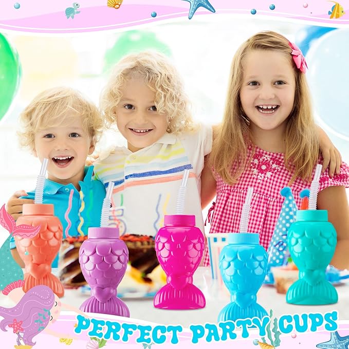 Sliner Mermaid Tumblers with Lids and Straws, Mermai Cups Favors Summer Plastic Sipper Cups for Kids Mermai Birthday Party Gifts Supplies Decorations(24 Pcs, Mermaid)