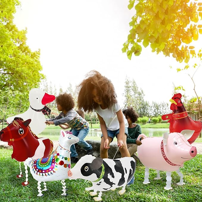 6 Pcs Farm Animal Balloons - Large Cow Horse Duck Chicken Pig Llama Mylar Foil Balloons for Birthday Party, Baby Shower, Farm Theme Party Supplies