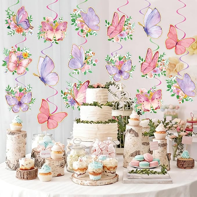 48Pcs Spring Butterfly Hanging Swirl Decorations, Watercolor Butterfly Ceiling Hanging Swirls Spring Party Hanging Swirls Streamers for Birthday Wedding Garden Tea Party Decor Supplies