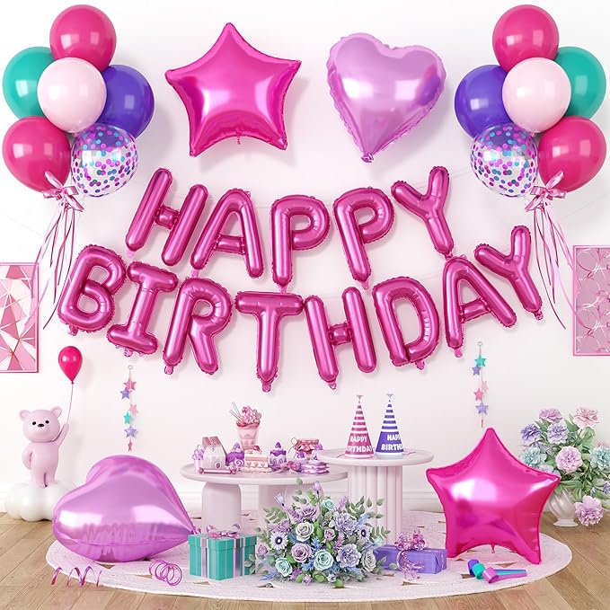 29PC Pink Purple Happy Birthday Balloon Banner, 16Inch 3D Aluminum Letter Banner Sign, Purple Hot Pink Teal Blue Confetti Balloons 18 Inch Heart Star Foil Balloon for Women Party Supply