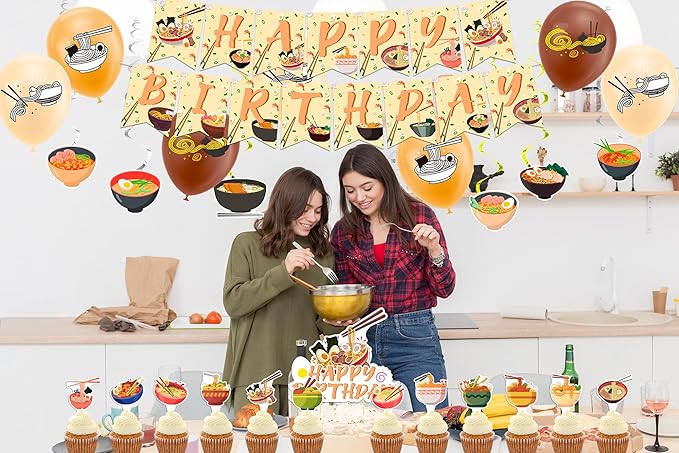 Ramen Party Decorations Japanese Noodles Birthday Decorations Includes Happy Birthday Banner Cupcake Toppers Cake Topper Spirals Balloons for Ramen Noodles Party Supplies