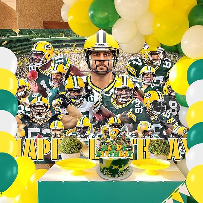 Packers of Green Party Supplies,Football Rugby Party Decorations Includes Backdrop, Cake Toppers, Balloon for Soccer Party Decorations