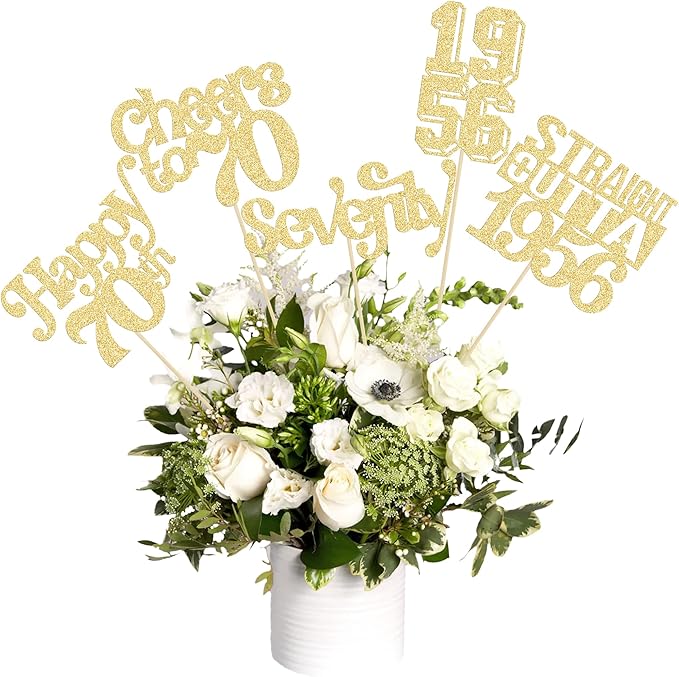 Gyufise 15Pcs Happy 70th Birthday Centerpiece Sticks Seventy Straight Outta 1956 Table Flower Centerpieces Sticks Decorations for Cheers to 70th Birthday Party Supplies Gold