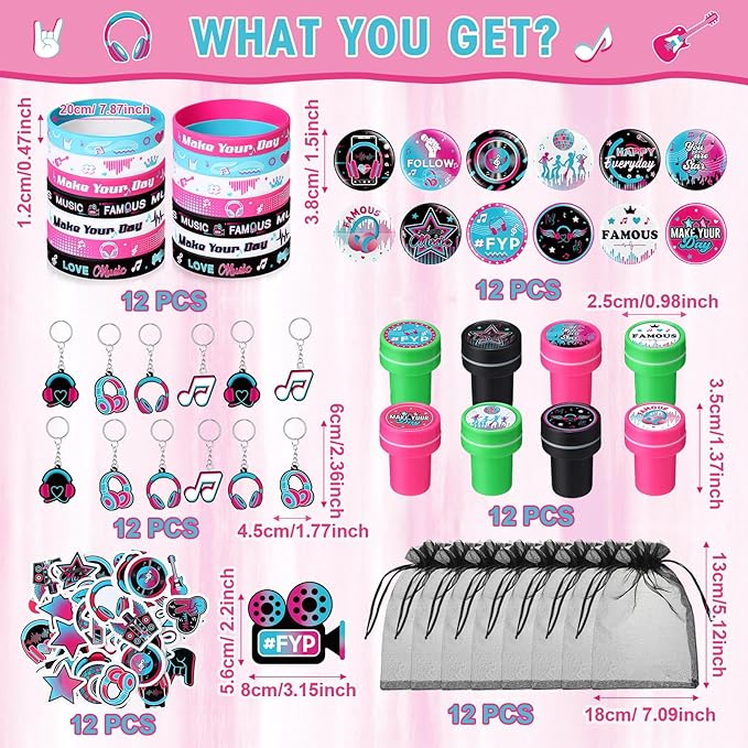 Capoda 110 Pcs Music Party Favor Supplies Kit Media Theme Gift Bag Filler Silicone Bracelets Button Pins Music Keychains Stampers Stickers for Boys Girls Birthday Party Decorations Supplies