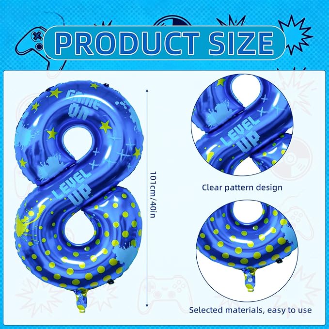 Video Game Birthday Party Decorations, 40inch Blue Video Game Number 8 Foil Balloon for Level Up Games Themed Birthday Party Supplies (8)
