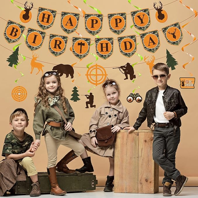 Dianelhall 62 Pcs Hunting Birthday Party Decorations Camo Deer Hunting Birthday Decorations Include Banner Camo Cupcake Toppers Swirls Deer Decoration for Baby Shower Gone Huntings Party Supplies