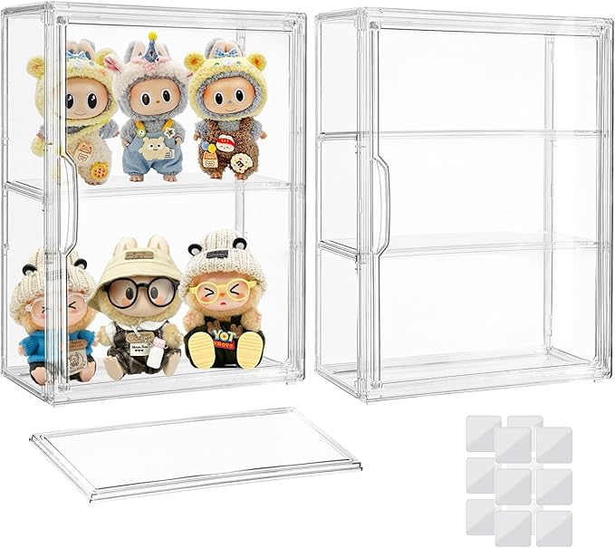 Attelite Acrylic Display Cases for Collectibles, 2 Pack 3 Layer Clear Display Case with Magnetic Door, Wall-Mounted Desktop Clear Showcase with 2 Adjustable Divider Storage Box for Action Figure
