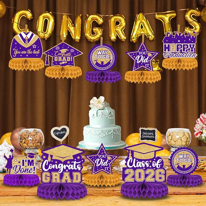 8 Pieces Class of 2026 Graduation Table Decorations - 2026 Congrats Grad Honeycomb Centerpieces, Graduations Table Toppers Decor for 2026 Graduation Party Decorations Favor Supplies, Purple and Gold