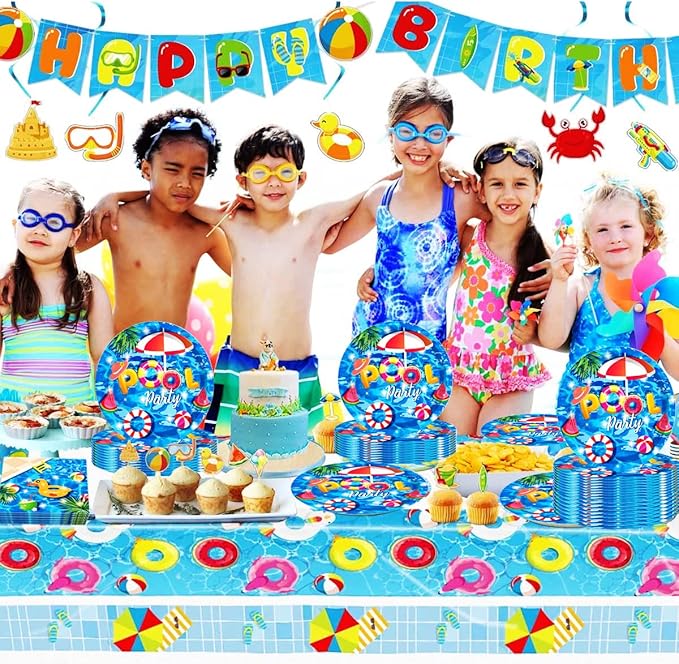 50 Pcs Pool Party Tableware Plates,Pool Party Supplies Beach Party Supplies,7"Summer Pool Party Paper Plates for Summer Beach Theme Pool Birthday Party Decorations